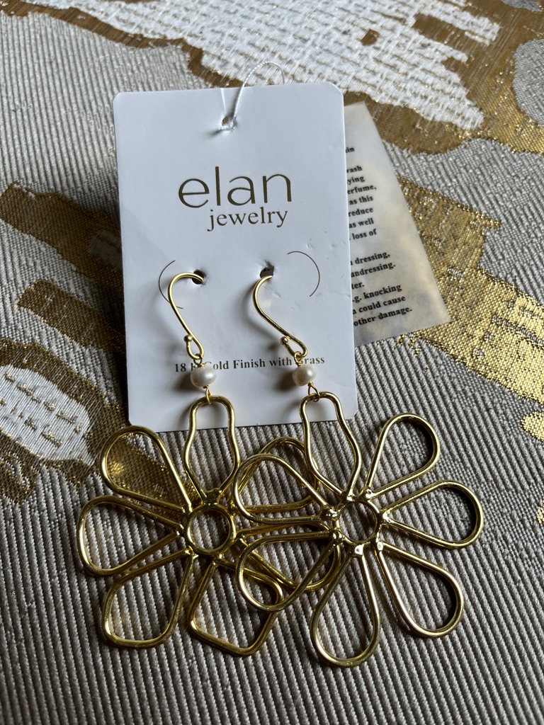 Elan Gold Floral Wire Drop Earrings With Pearl Accent